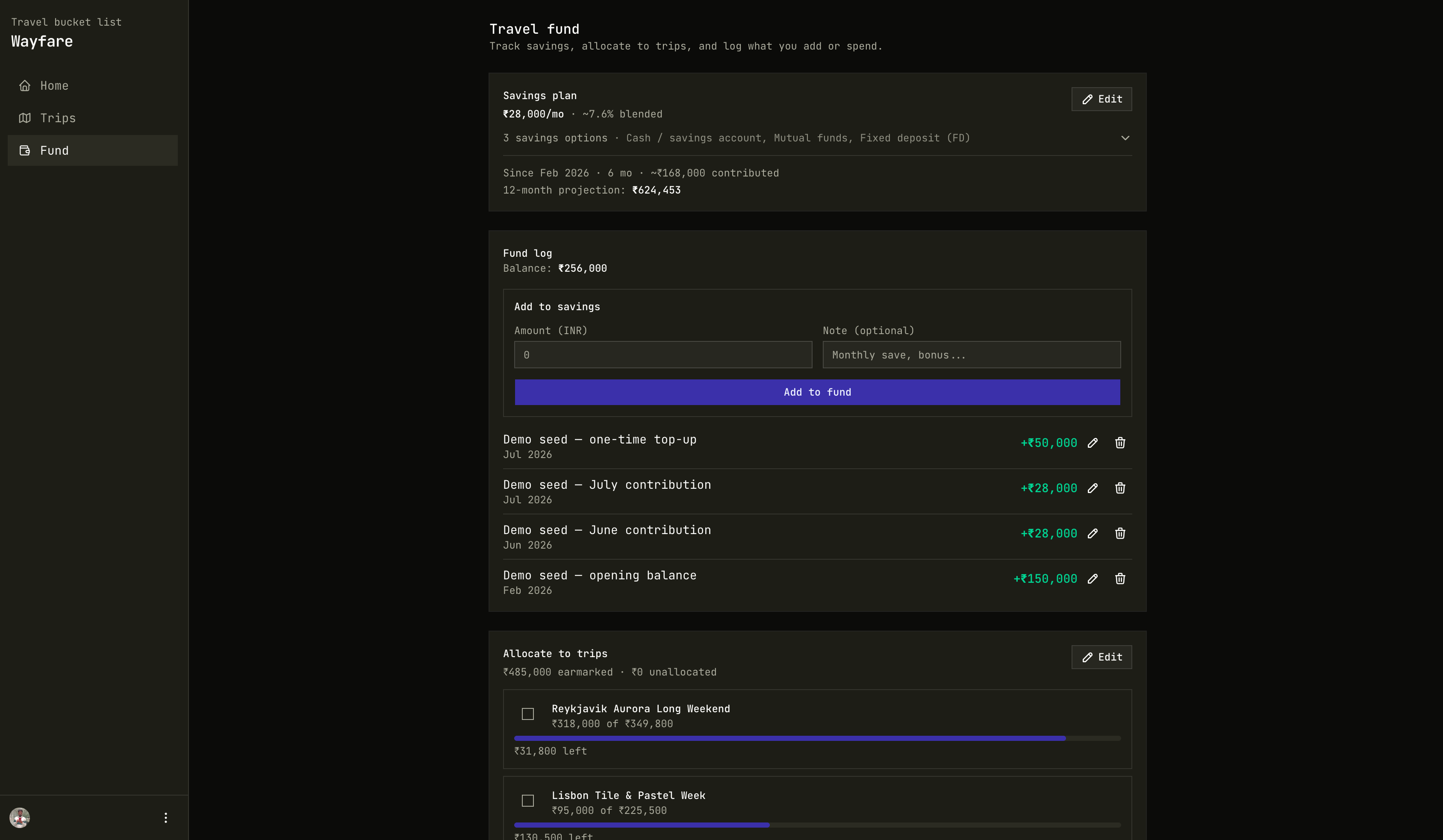 Travel fund — savings plan, log, and allocations