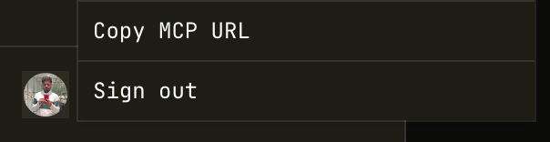 Account menu with Copy MCP URL